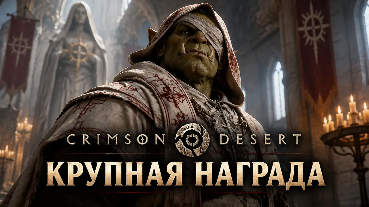 Зелёный орк Ulzok с повязкой на глазу в жреческой рясе, Crimson Desert, квест Крупная награда