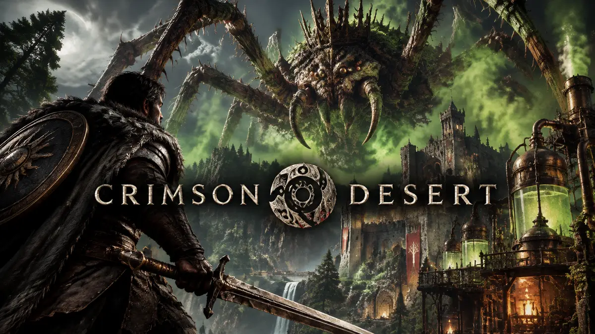 Огромная Queen Spider в ядовитых облаках над Arboria Castle, ключевой арт Crimson Desert с заводом эликсиров