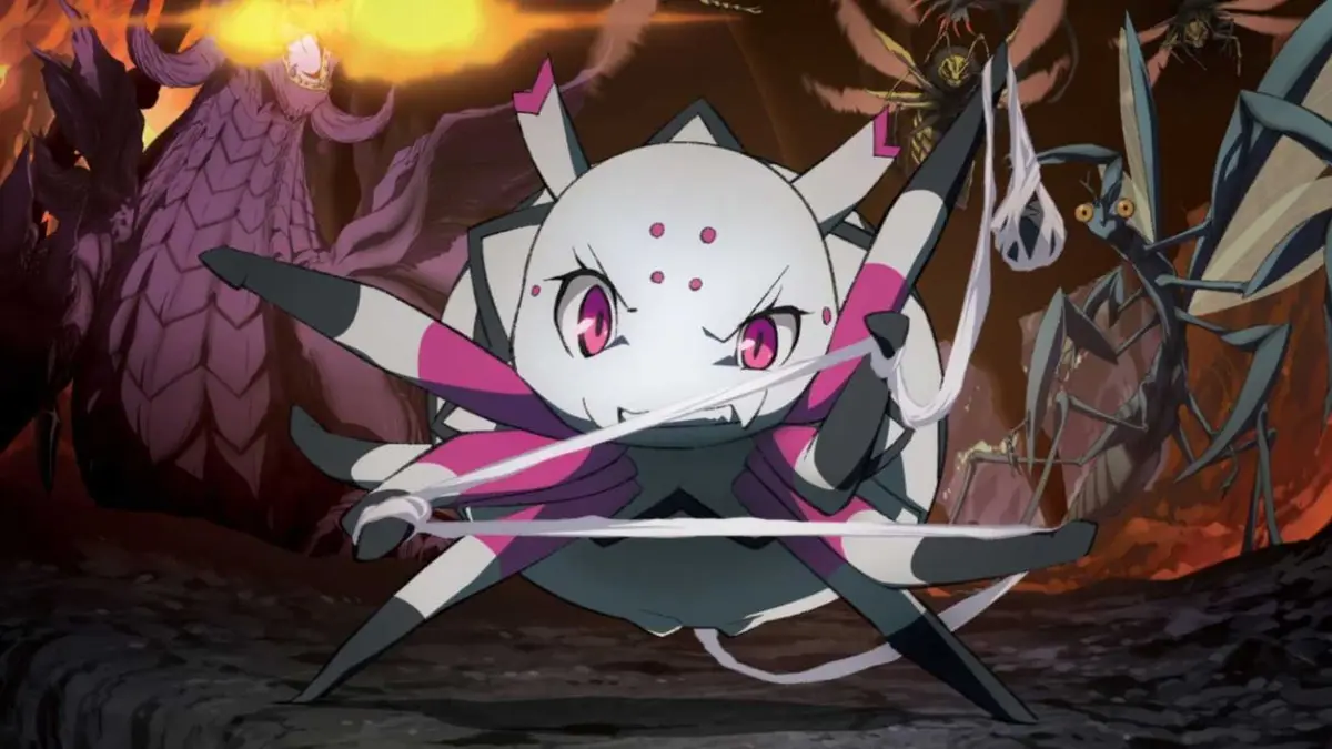 Kumoko tangling up some web while threats loom in the background in So I'm a Spider, So What?