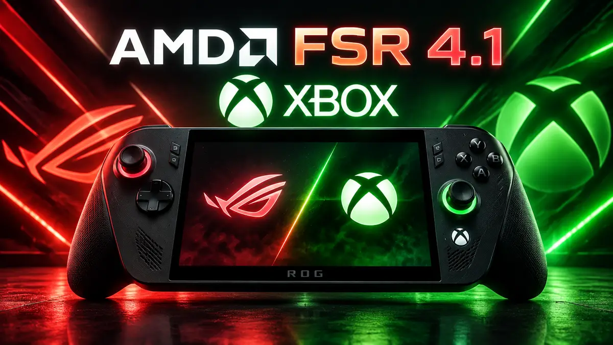 Портативная консоль ROG Xbox Ally X с логотипами AMD FSR 4.1 и Xbox на фоне неоновых красно-зелёных линий