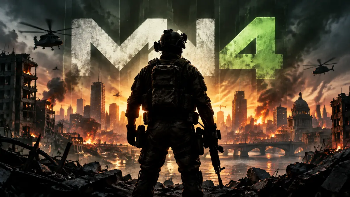 Солдат в тактическом снаряжении на фоне горящего города и логотипа Call of Duty: Modern Warfare 4
