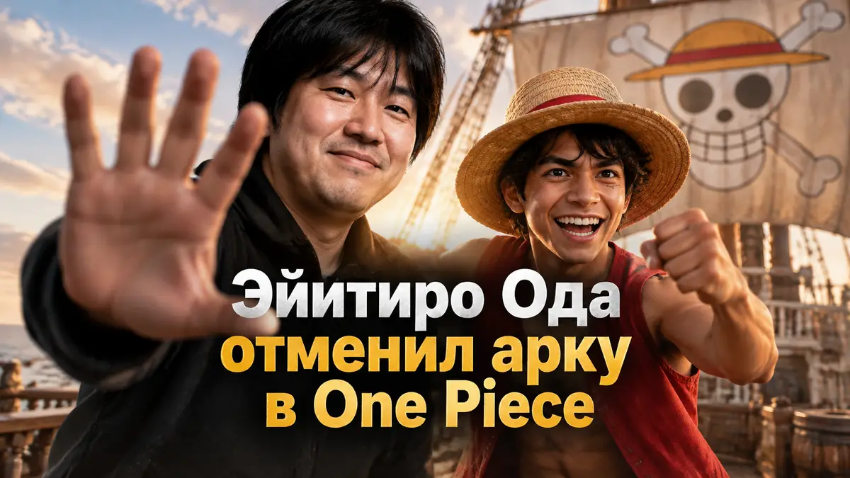 Мангака Эйитиро Ода и Луффи на фоне пиратского корабля в стилистике сериала One Piece
