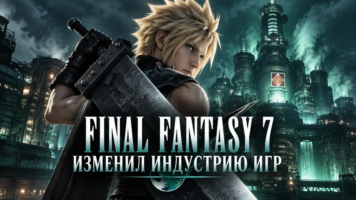 Клауд Страйф с мечом Бастер на фоне мегаполиса Мидгар в Final Fantasy 7