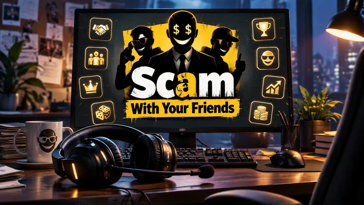 Офисный стол с гарнитурой и монитором, логотип Scam With Your Friends и значки достижений Steam