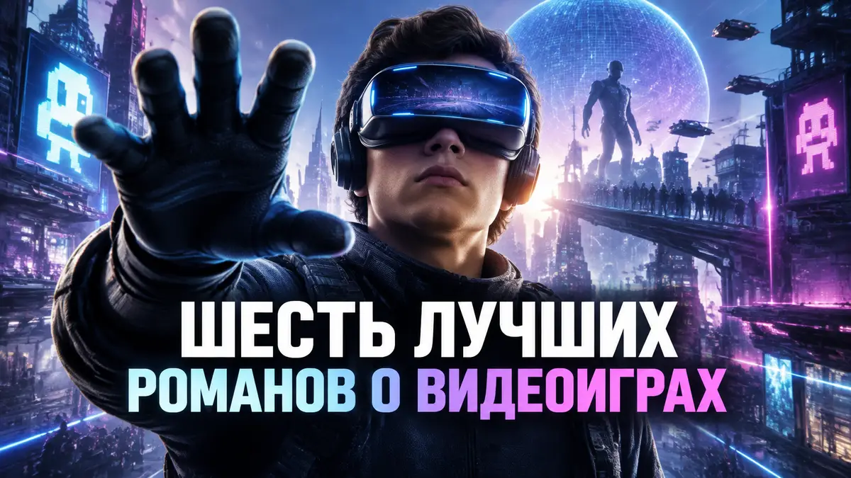 Уэйд Уоттс в шлеме виртуальной реальности на фоне неонового города по мотивам книг о видеоиграх