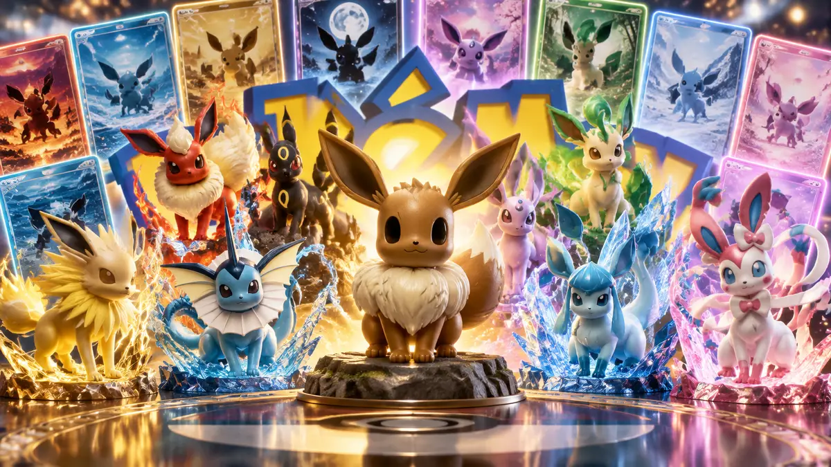 Покемон Eevee в центре в окружении фигурок своих эволюций на фоне логотипа Pokémon и ярких карт