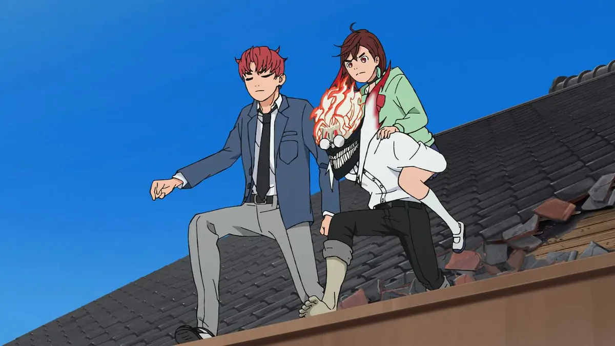 Jiji, Momo, and yokai Okarun standing on a rooftop in Dandadan Episode 11