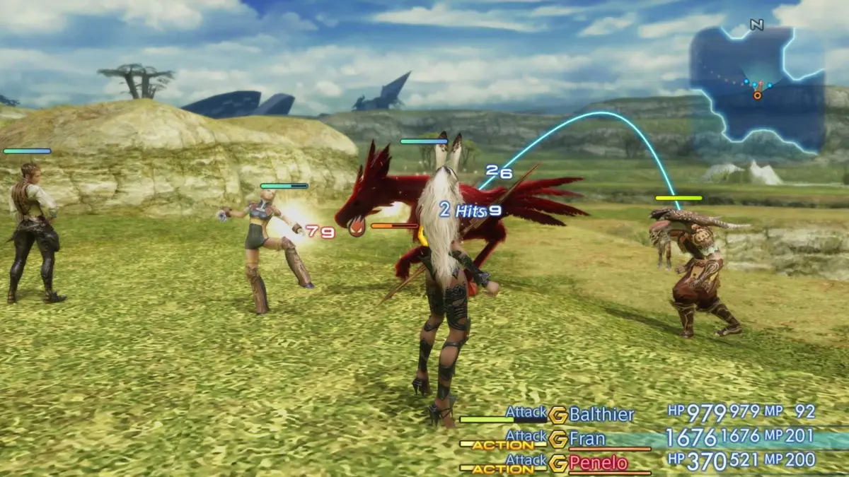 Attacking enemies in a grassy region in Final Fantasy 12 (HD)