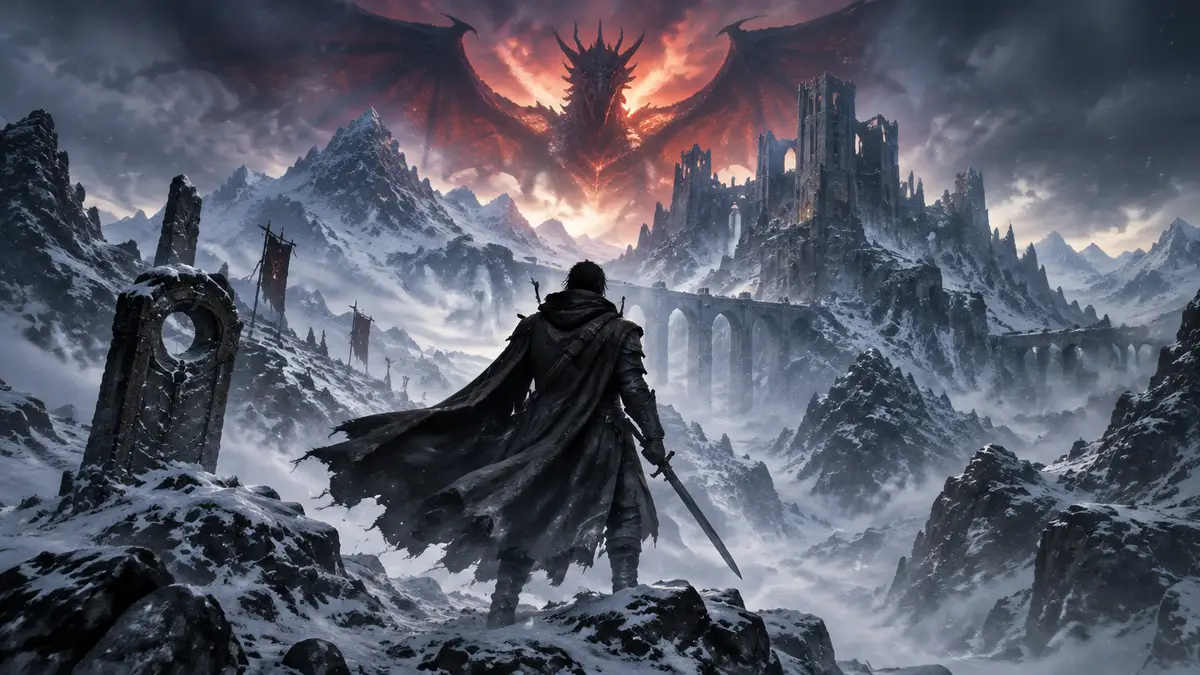Пробуждённый воин Dragon’s Dogma 2 в снежной буре на пути в Norgan, логотип Dark Arisen над горами