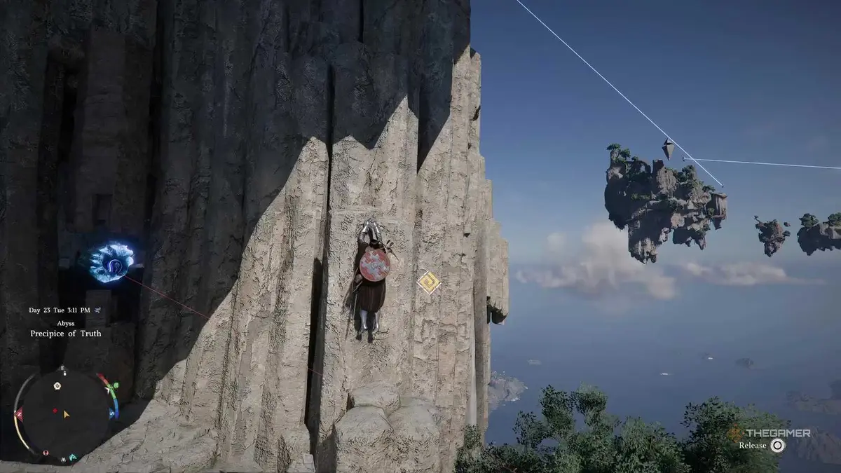 Kliff climbing during the Precipice of Truth Abyss puzzle mission in Crimson Desert.