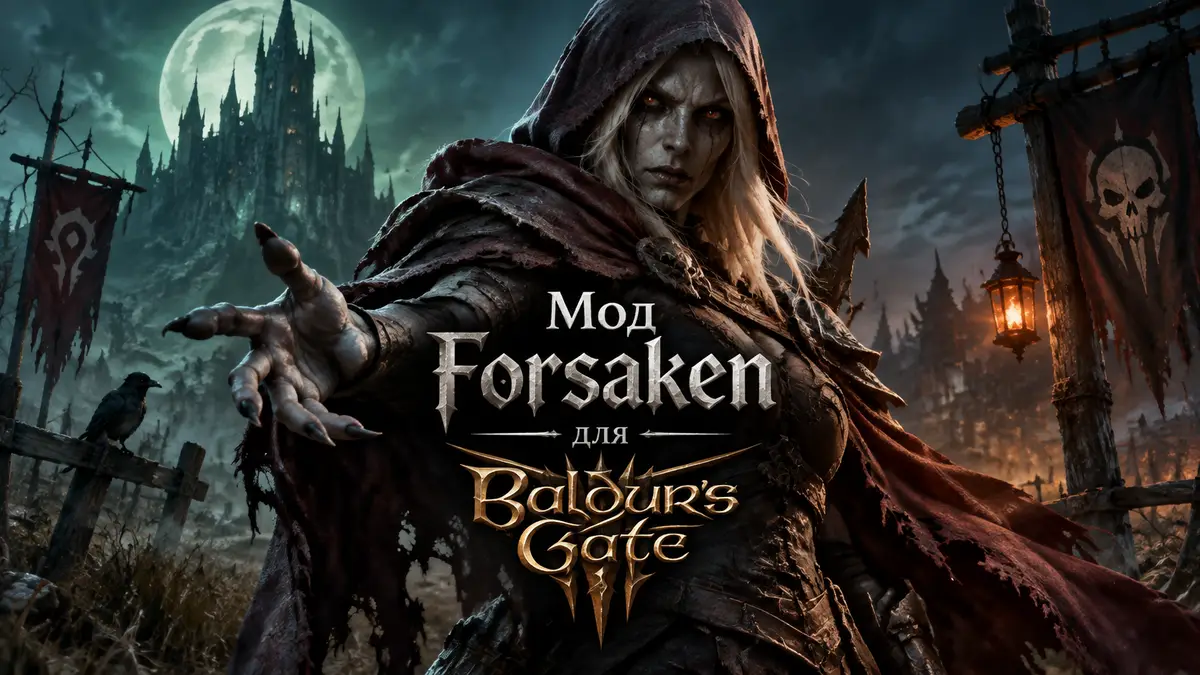 Нежить из Forsaken в рваном плаще на фоне мрачных полей Tirisfal Glades, стиль Baldur's Gate 3 и Warcraft