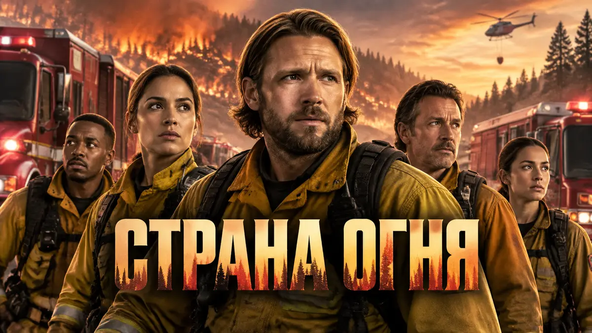 Главные герои пожарной драмы Страна огня на фоне спасательной техники