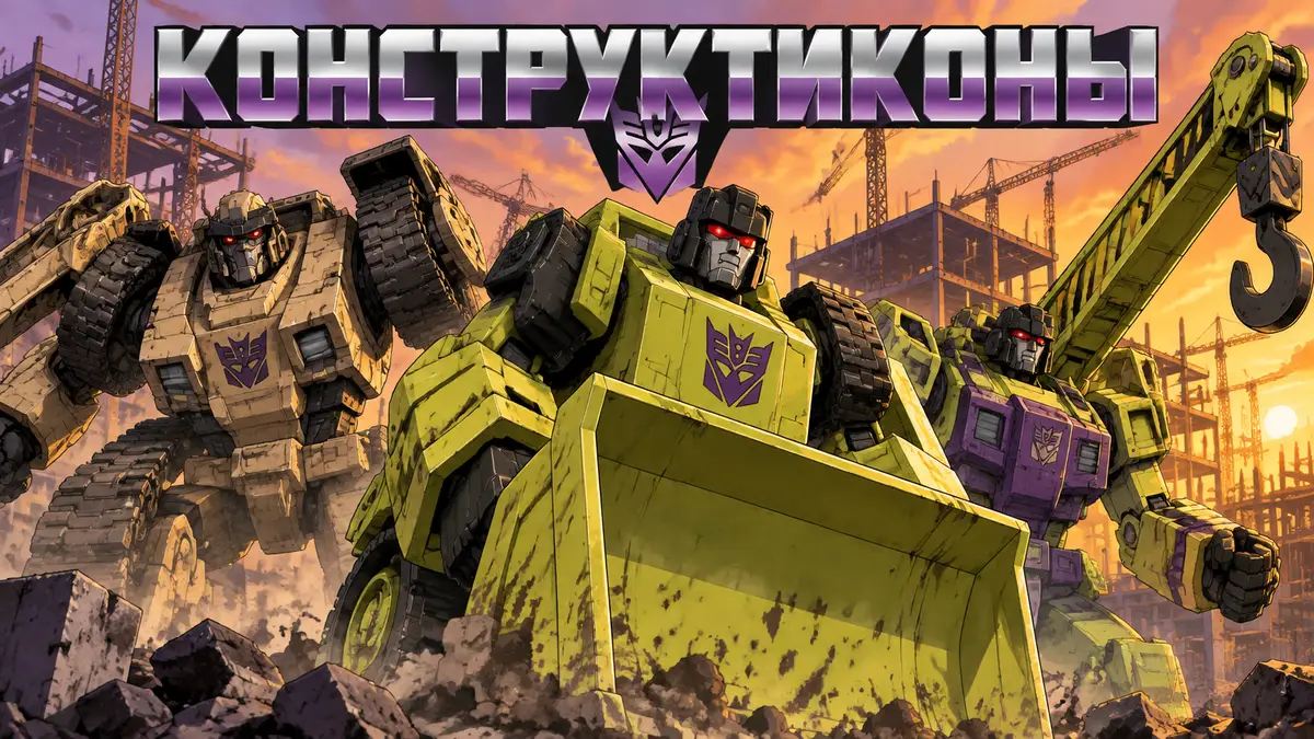 Конструктиконы Transformers: Bonecrusher, Scrapper и Hook на фоне стройплощадки в стиле постера G1