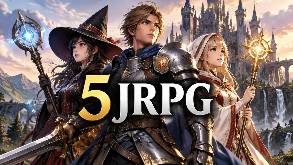 Герои JRPG с разными классами — воин, маг и лекарь — стоят плечом к плечу на фоне фэнтезийного замка