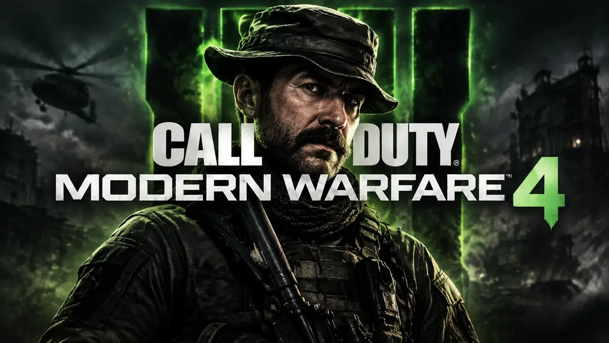Капитан Прайс в центре на фоне логотипа Call of Duty: Modern Warfare 4, постер в тёмных тонах