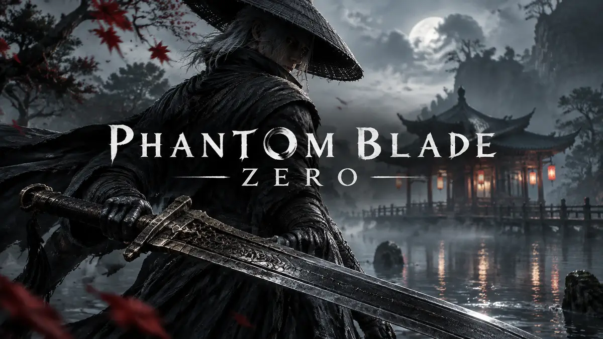 Воин с мечом Outlaw Warblade у туманного павильона на озере, постер в стиле Phantom Blade Zero