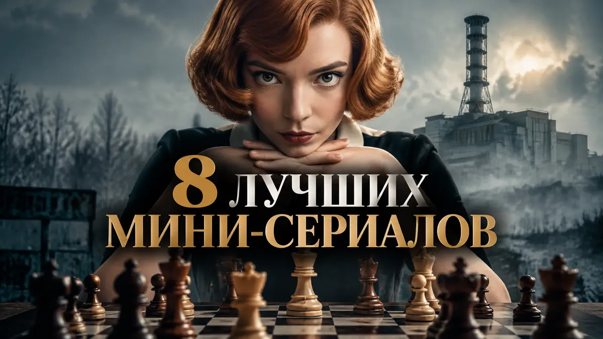 Коллаж мини-сериалов: Аня Тейлор-Джой за шахматной доской на фоне Чернобыльской АЭС в тумане