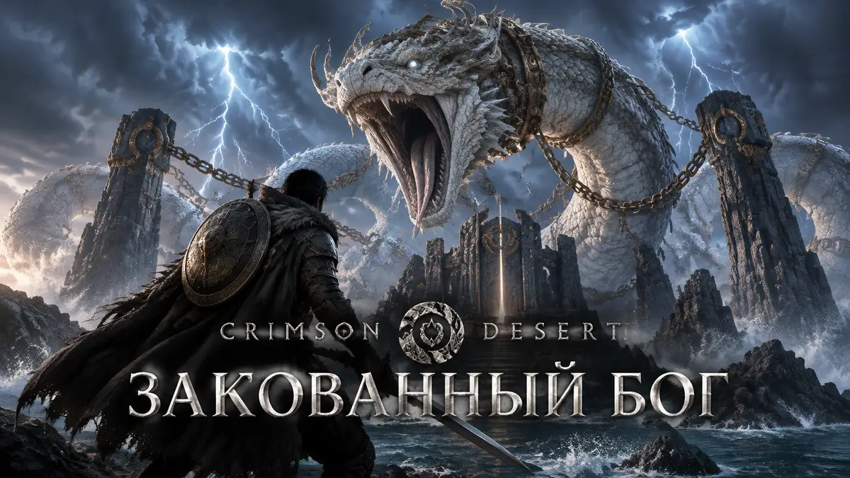 Гигантский змей Aeserion у святилища на острове под молниями — Закованный бог в Crimson Desert