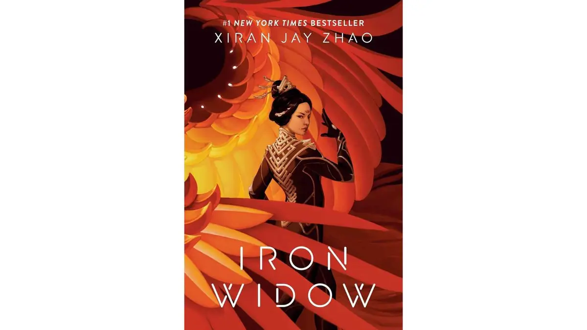 Iron Widow by Xiran Jay Zhao featuring a woman in armor surrounded giant by golden red wings