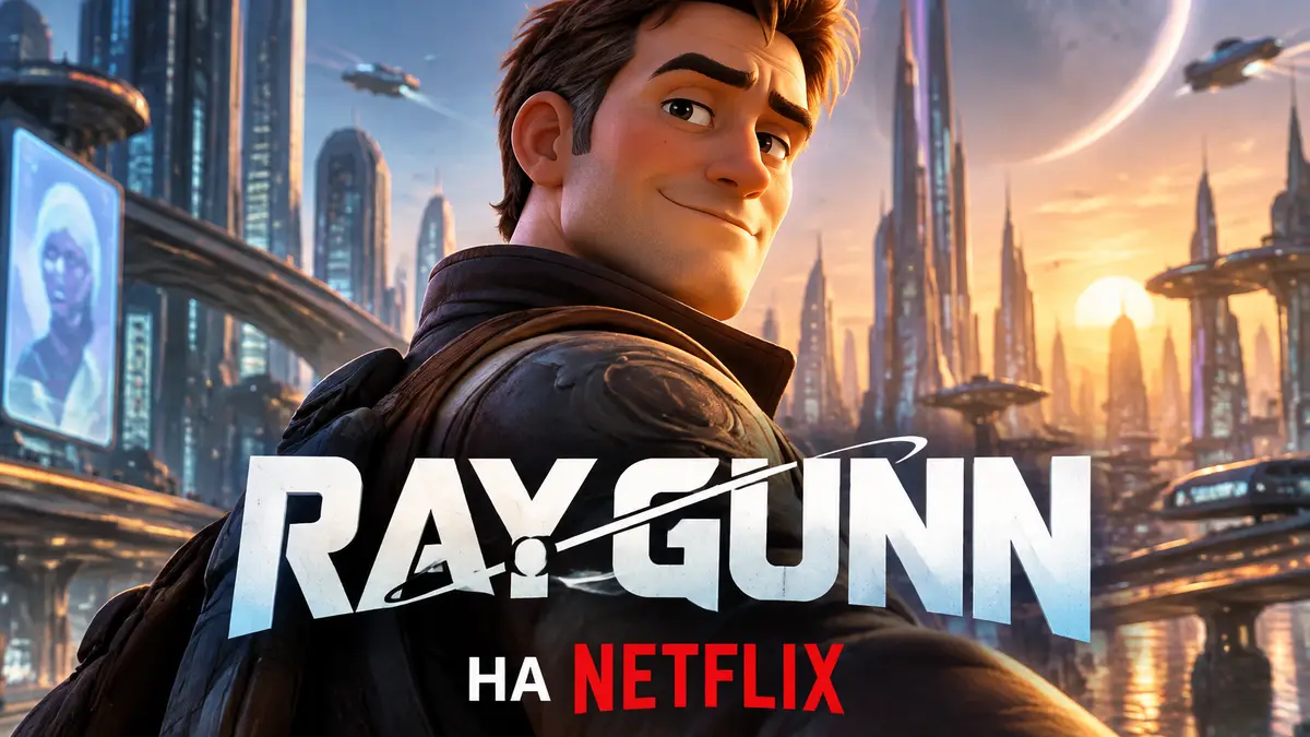 Главный герой фантастического мультфильма Ray Gunn на фоне футуристического города
