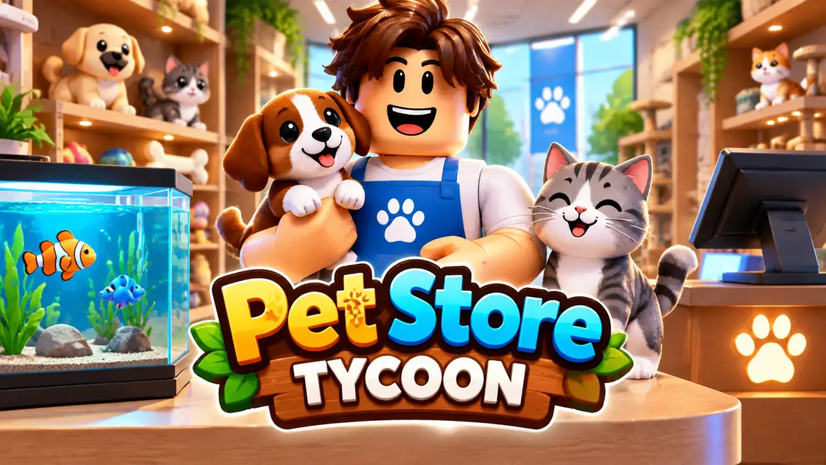 Уютный зоомагазин из Roblox Pet Store Tycoon: щенки, котята и аквариум с рыбками у кассы с логотипом