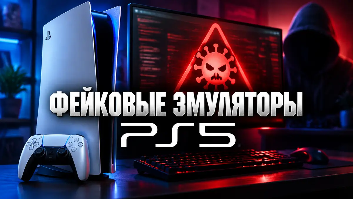 Консоль PS5 рядом с экраном ПК, на котором виден предупреждающий символ вируса