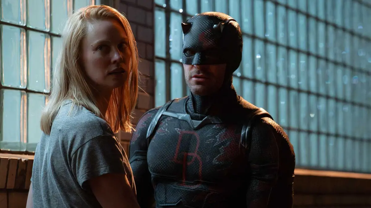 Deborah Ann Woll as Karen Page and Charlie Cox as Matt Murdock in Daredevil: Born Again