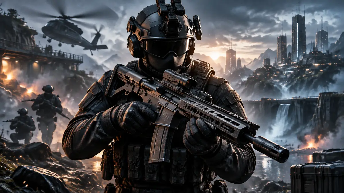 Боец спецназа с футуристичной штурмовой винтовкой в стиле шутера Modern Warfare 4