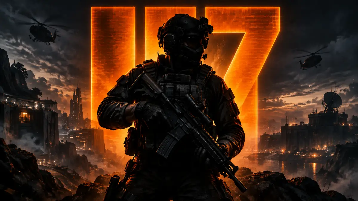 Оперативник в тактическом снаряжении на фоне логотипа Call of Duty: Black Ops 7 в оранжевом неоне