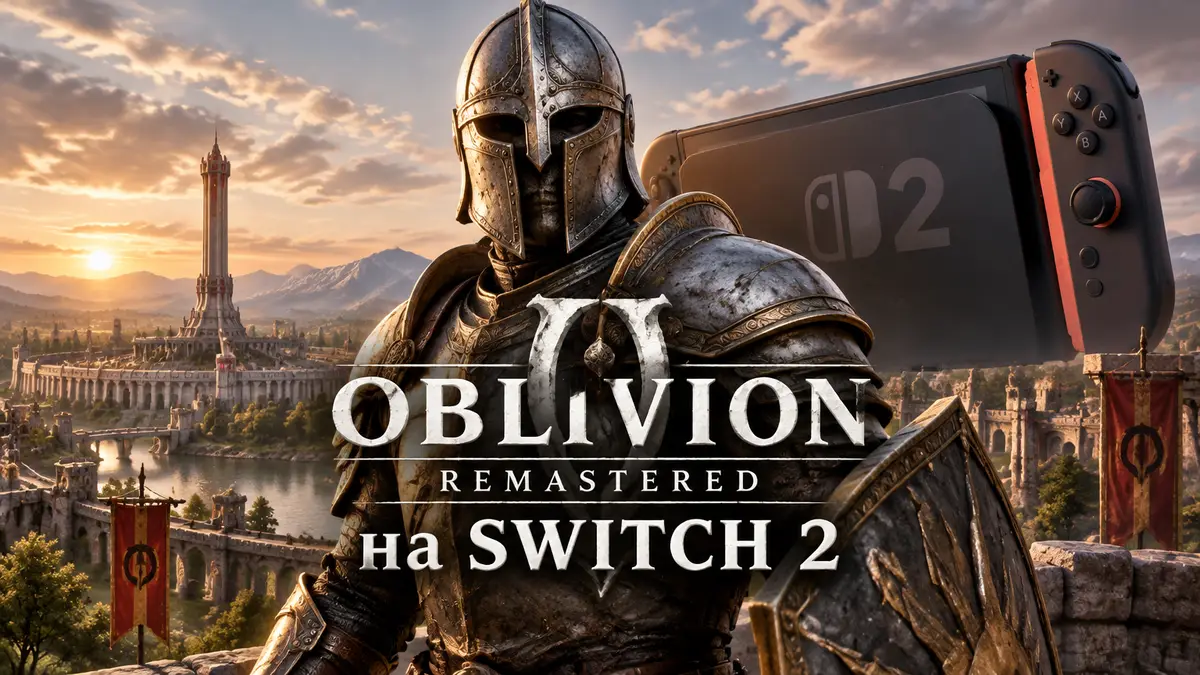 Герой TES IV: Oblivion Remastered в доспехах на фоне Имперского города и консоли Switch 2, постер