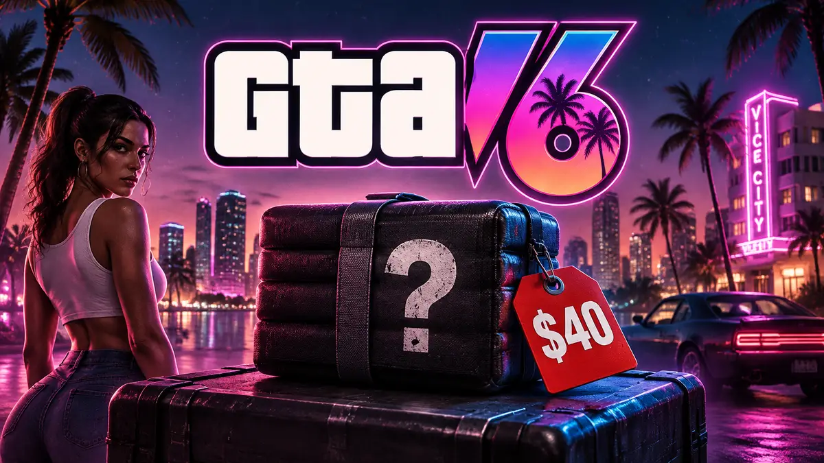 Неоновый логотип GTA 6 над закрытым архивом с ценником $40 и знаком вопроса на фоне ночного Вайс-Сити