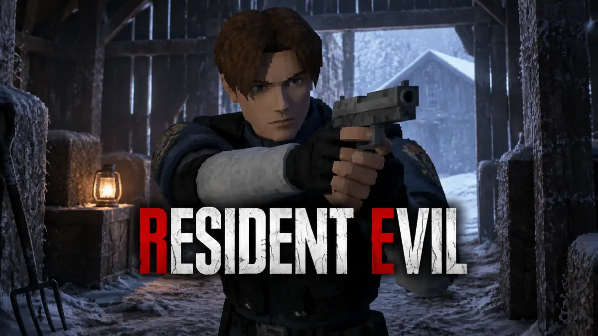 Брайан из фильма Resident Evil целится из пистолета в заснеженном амбаре, низкополигональный стиль PS1