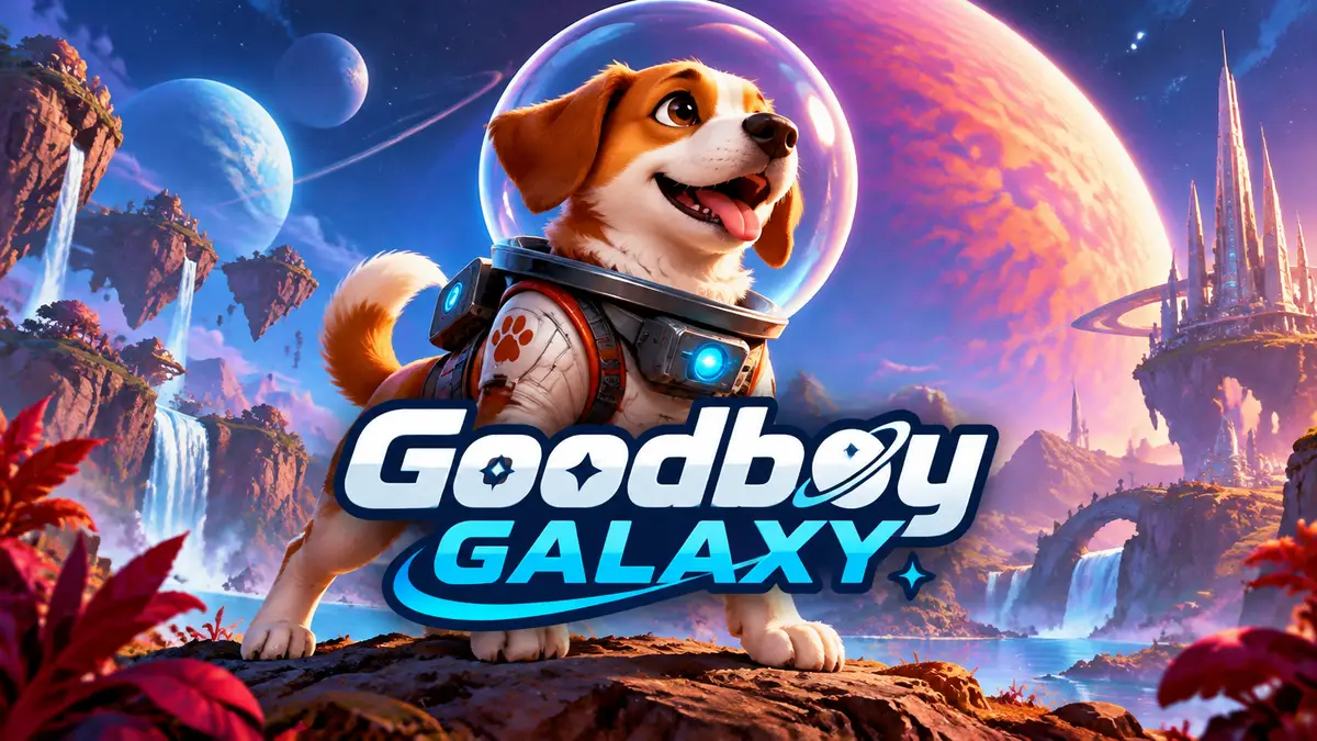 Космический пес Максвелл из игры Goodboy Galaxy на фоне яркой инопланетной планеты