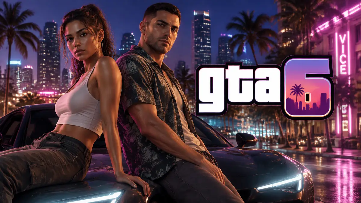 Главные герои Джейсон и Люсия на фоне спорткара на улицах ночного Vice City в стиле GTA 6