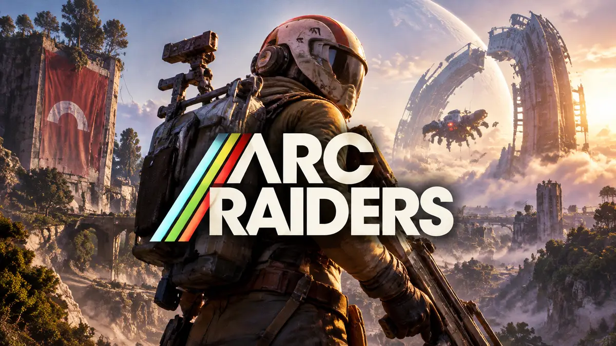 Боец в футуристической экипировке из игры Arc Raiders на фоне фантастических руин