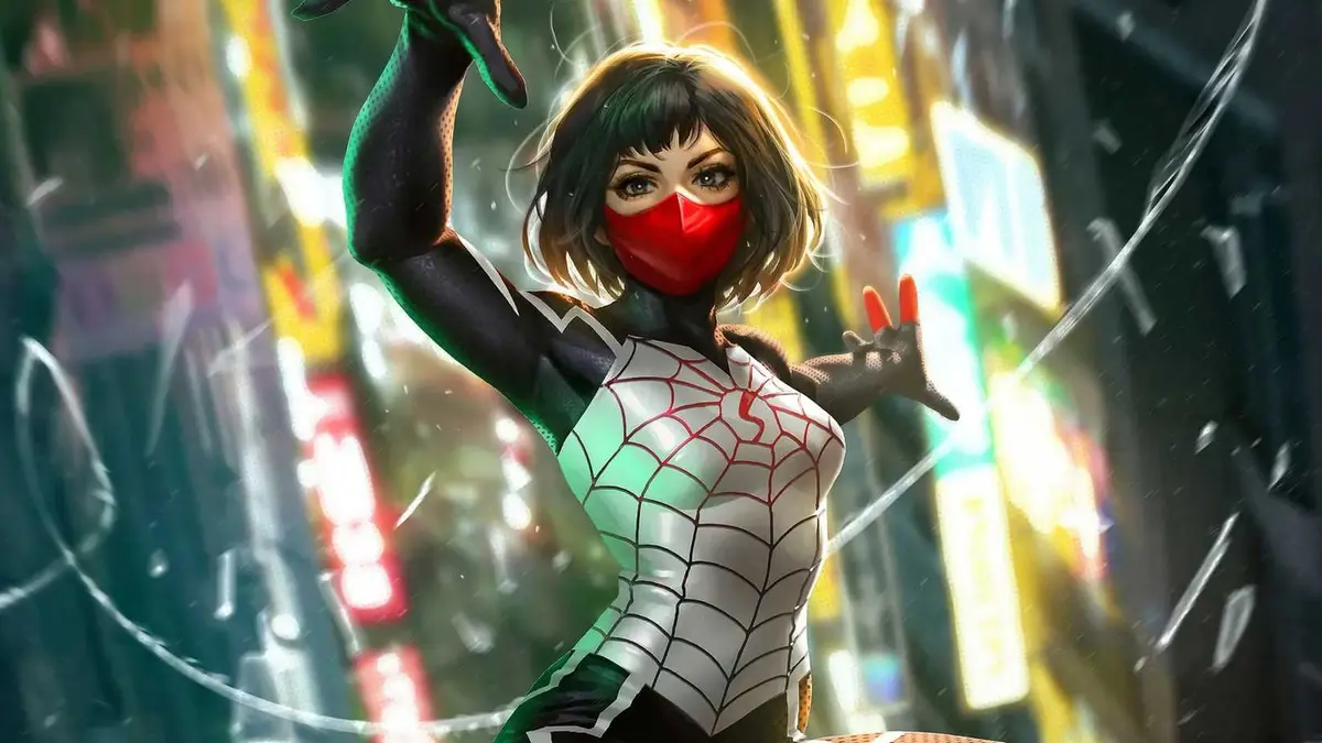 Cindy Moon swings through the air as Silk in Marvel Comics