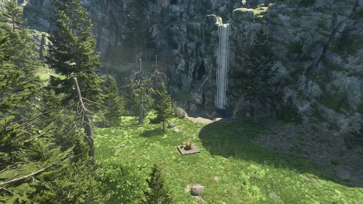 Enshrouded - Pillars of Creation base location with a waterfall on the southern side of the southern pillar