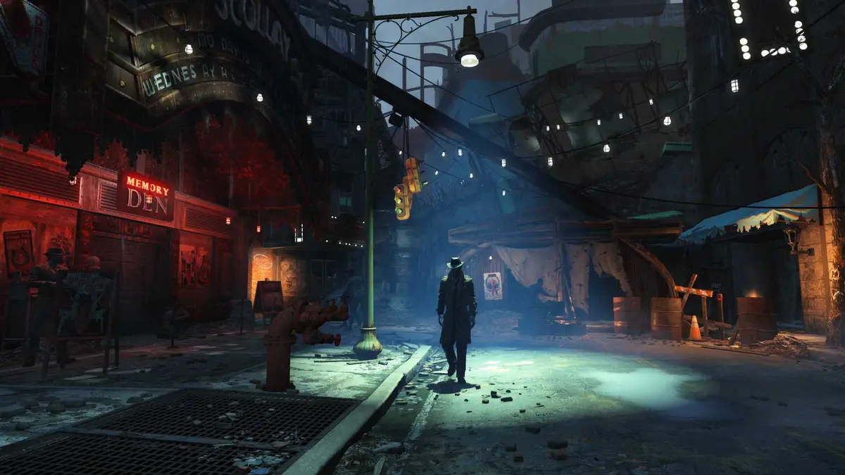 Nick Valentine walks under a dimly-lit city streetlight in Fallout 4.