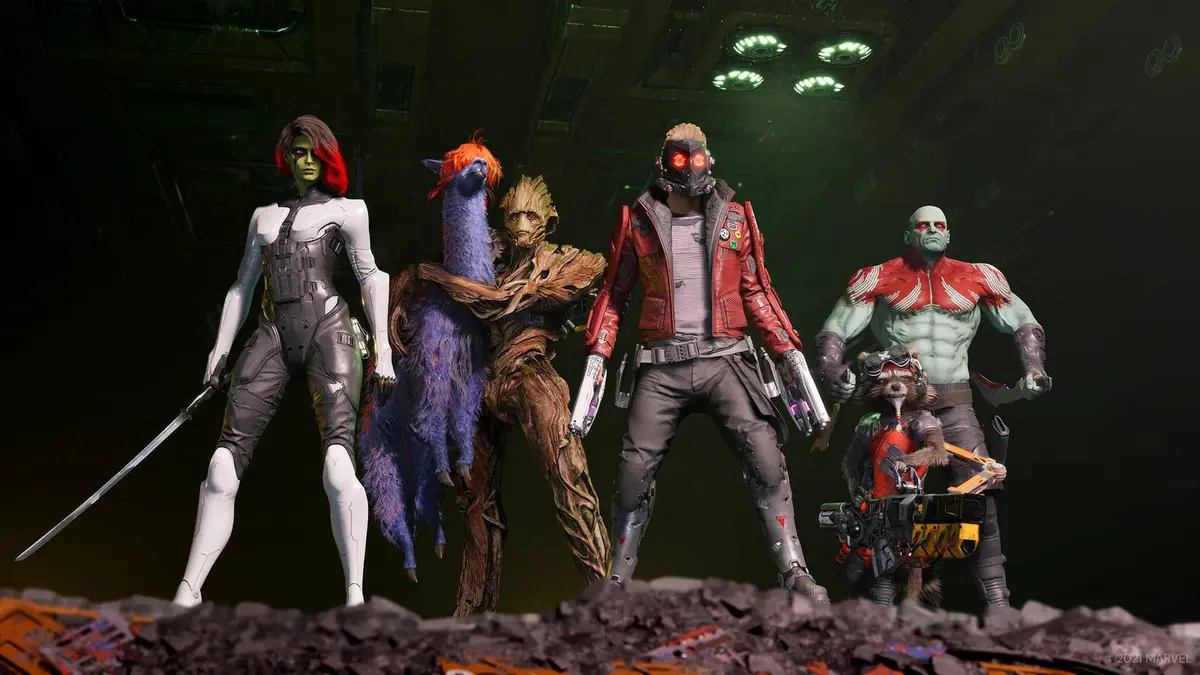 The full Guardians of the Galaxy lineup from the game, showing Star-Lord, Drax, Gamora, Groot, and Rocket. And a llama being cradled by Groot.