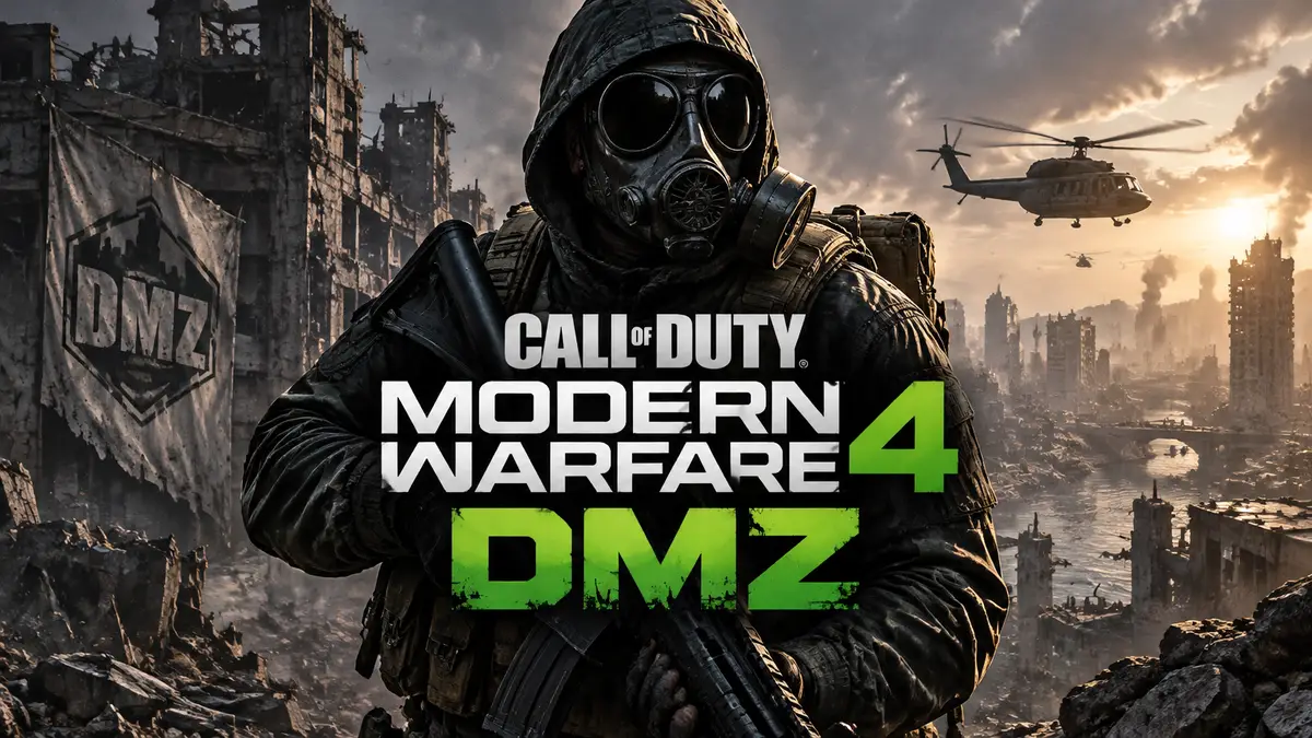 Оперативник в противогазе на фоне разрушенного города, ключевой арт Call of Duty Modern Warfare 4 DMZ