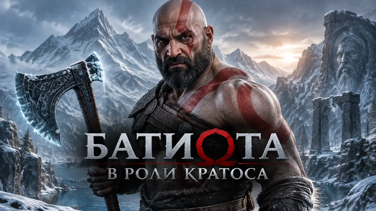 Дейв Батиста в образе Кратоса с топором на фоне заснеженных скандинавских гор, постер God of War