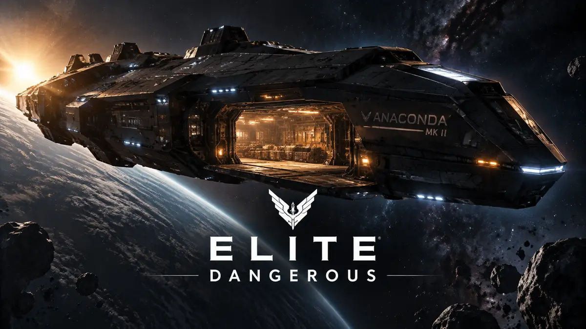 Корабль Anaconda Mk II из Elite Dangerous в космосе, свет из окна грузового отсека, логотип игры