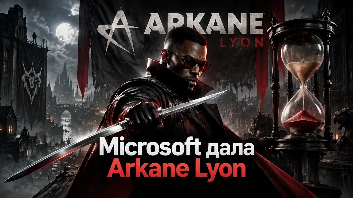 Блэйд Marvel с мечом в тёмном городе на фоне логотипа Arkane Lyon и песочных часов, постер в стиле Dishonored