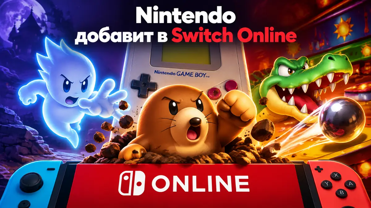 Крот Muddy из Mole Mania, призрачный герой Avenging Spirit и аллигатор из пинбола на фоне Game Boy и Nintendo Switch Online