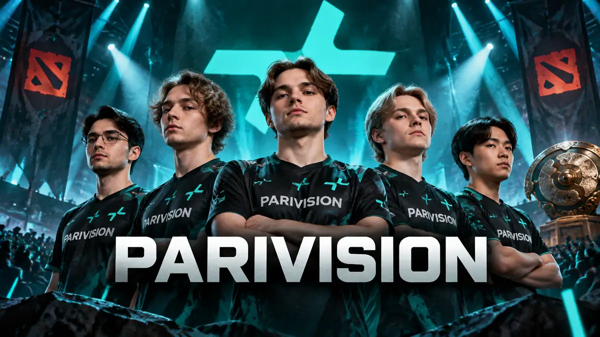 Пятеро киберспортсменов PARIVISION в форме на сцене турнира Dota 2 под лучами прожекторов и логотипом команды