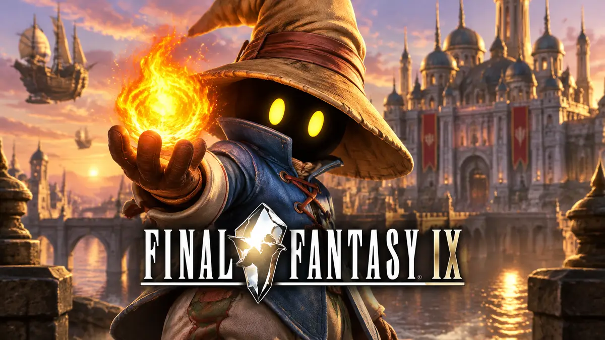 Чёрный маг Виви из Final Fantasy IX держит огненный шар на фоне сказочного города Alexandria