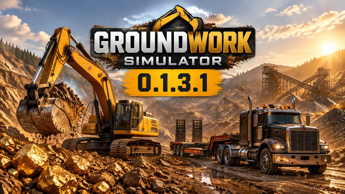 Экскаватор и тягач с низкорамным тралом на золотом прииске, логотип Groundwork Simulator сверху