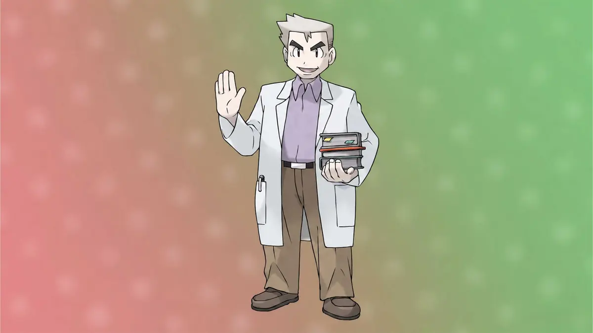 Professor Oak from Pokemon FireRed and LeafGreen smiles and waves while holding a stack of books, wearing his signature white lab coat against a blurred red and green background