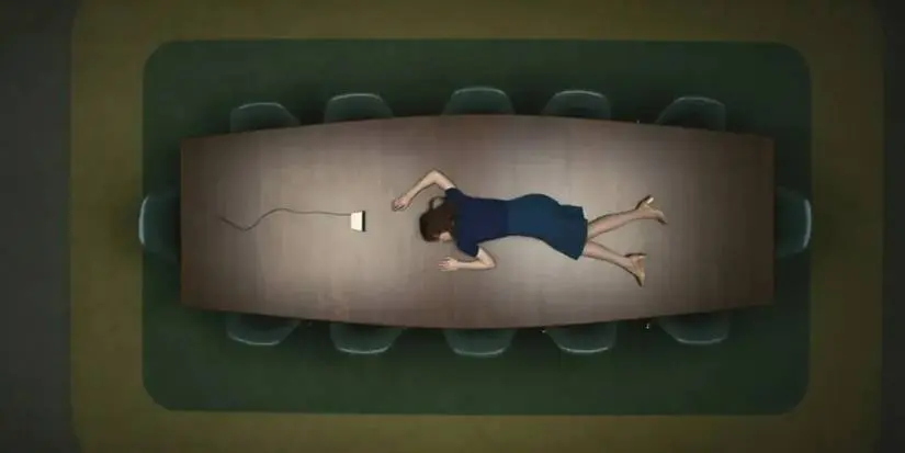 Helly R lying on a table in Severance pilot