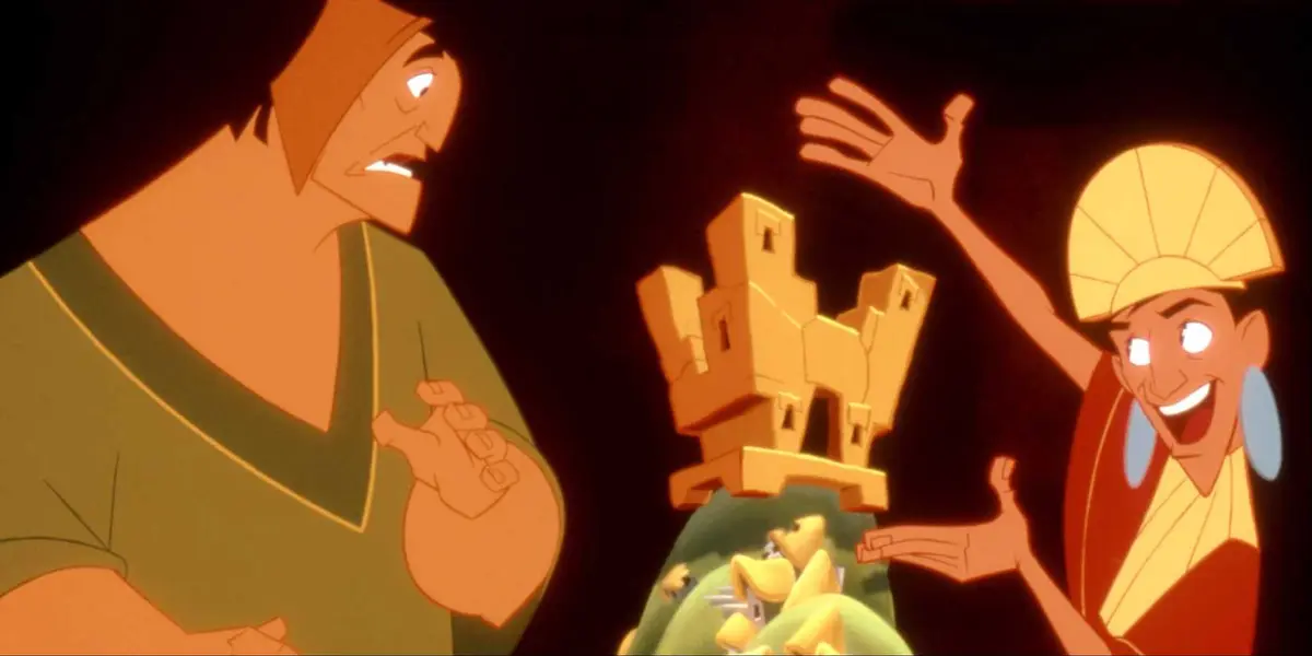 Kuzco shows Pacha his plan for a summer home in The Emperor's New Groove